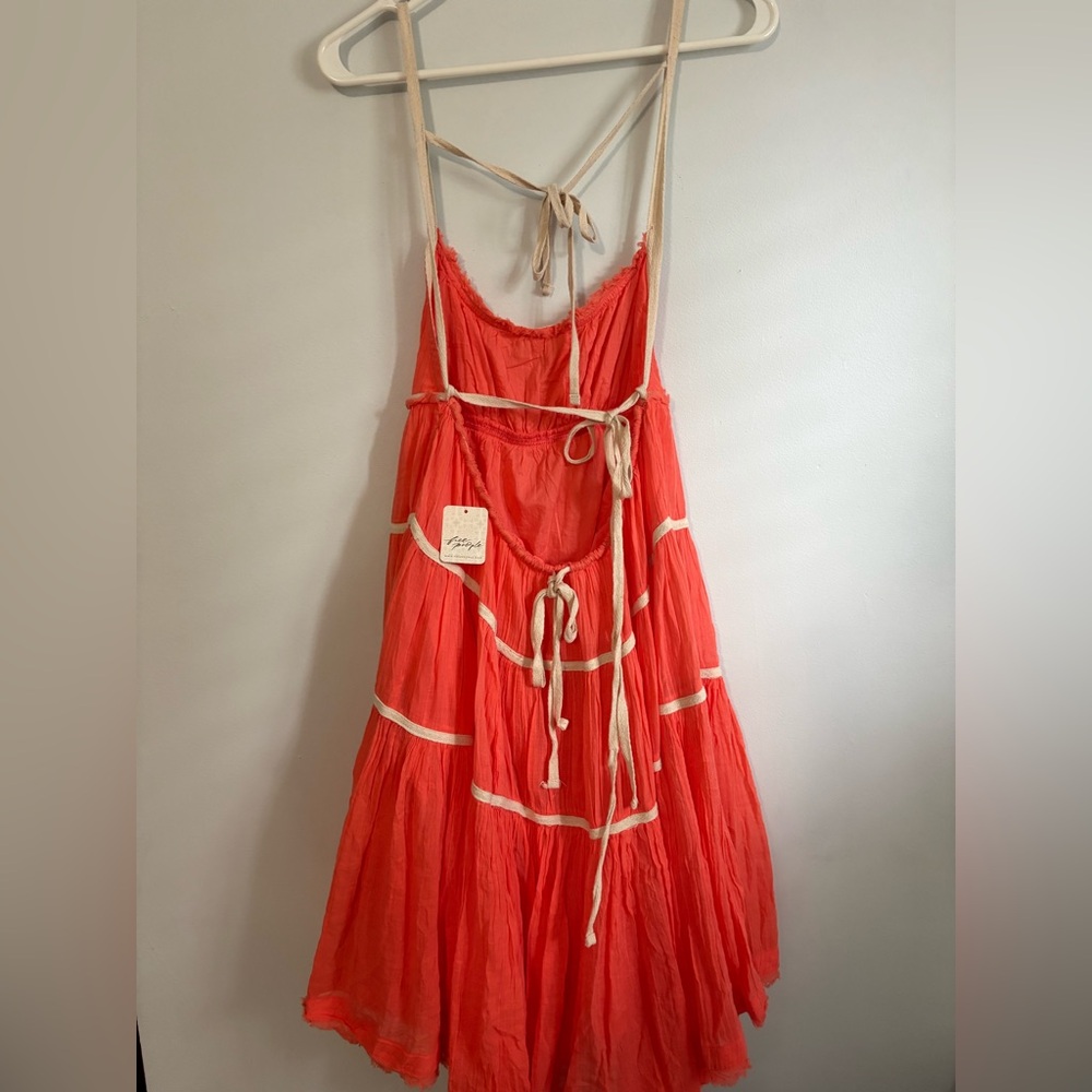 Free People Coral Backless Tiered Maxi Dress with Cream Trim - Picture 2 of 5